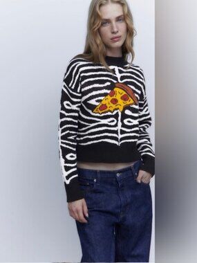 Zara Pizza Black White Zebra Jacquard Knit Long Sleeve Pullover Sweater S